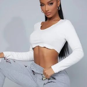 New🍀SHEIN Notch Neck Cut Hem Crop Top, L Plain Sexy White Crop Elastane Cotton